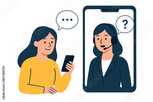 User communicating with a smiling customer support agent displayed on a smartphone screen during a virtual consultation