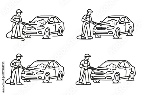 Worker cleaning a sedan car with a pressure washer at a professional car wash service station