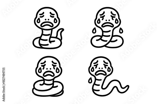 Cute cartoon snake character crying with tears set of four poses showing sad emotion