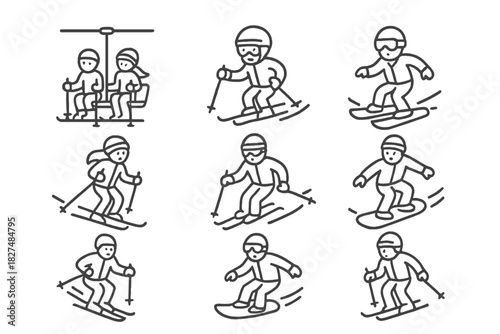 Minimalist line icons of winter sports activities: skiing, snowboarding, and chairlift