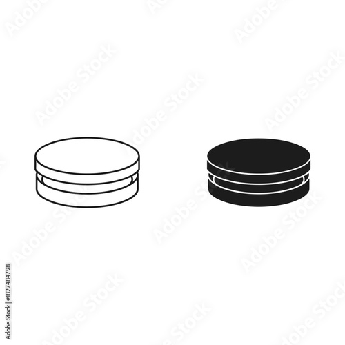 Two simple icons representing a macaron cookie in outline and solid fill