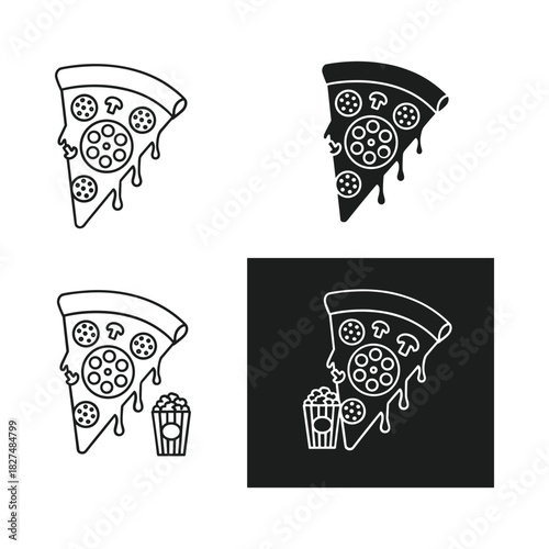 Four hand drawn pizza slice illustrations with popcorn and dripping cheese