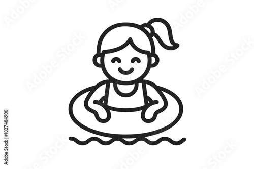 Smiling young person floating safely in water inside a rubber swim ring