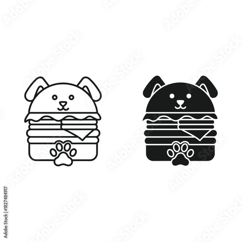 Cute dog face burger icon outline and silhouette