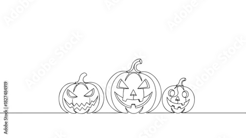 Continuous line art drawing of three carved Halloween pumpkins, a single continuous line creating the entire image, a unique one line sketch for festive decoration