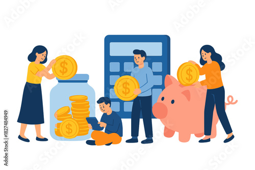 Team of people saving money in a piggy bank and jar using a large calculator for financial planning