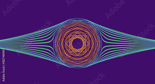 Abstract digital artwork displays a vibrant orange geometric core radiating elegant teal lines against a deep purple background, symbolizing complex energy and advanced ideas.