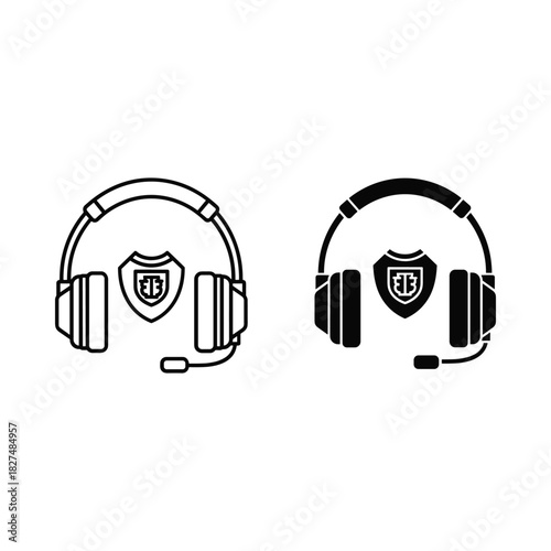 Two hand drawn icons of headphones with a shield emblem for security or support