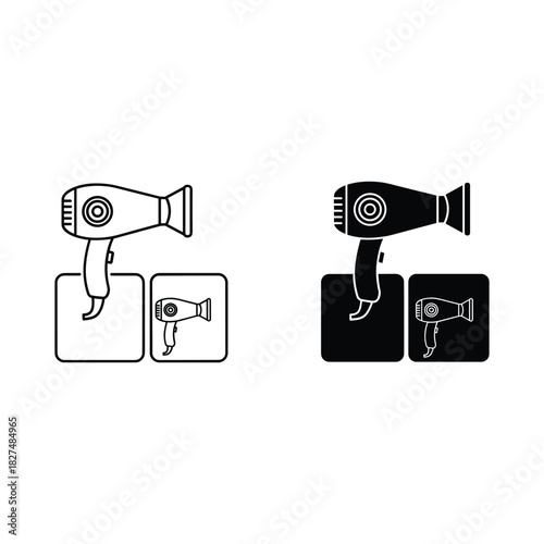 Two icons of a hair dryer with instructions for use