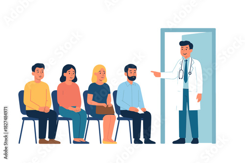Doctor standing in a doorway calling a patient from the waiting room seats