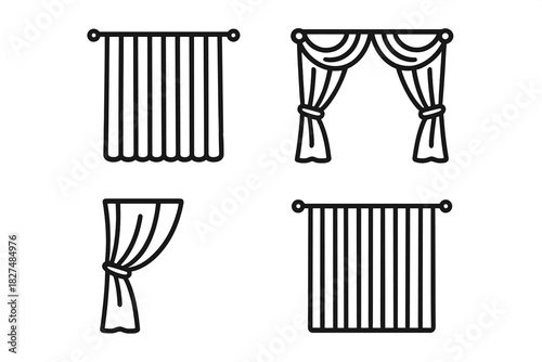 Collection of black line icons depicting various styles of window curtains and drapes