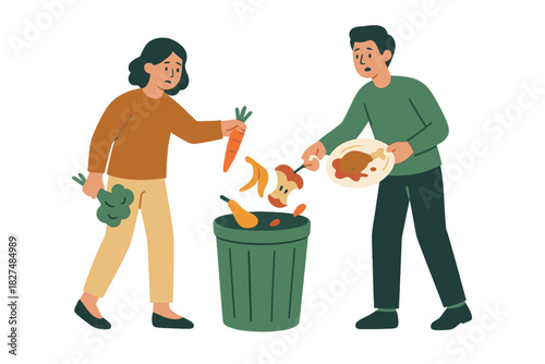 Two people sorting and discarding various organic food scraps into a waste bin for composting
