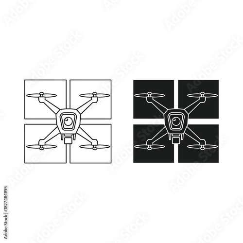 Modern drone illustration in black and white line art and silhouette styles
