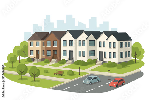 Row of contemporary attached houses on a suburban street with green landscaping