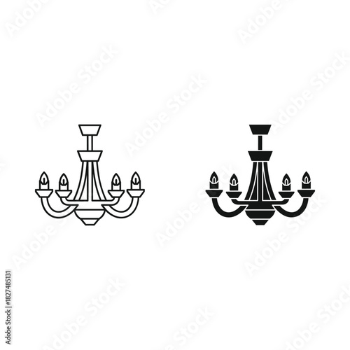 Elegant chandelier icon set black and white line art and silhouette