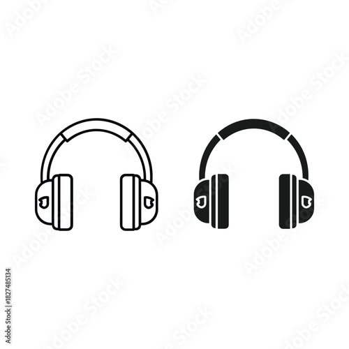 Two stylized headphone icons one outlined and one solid black