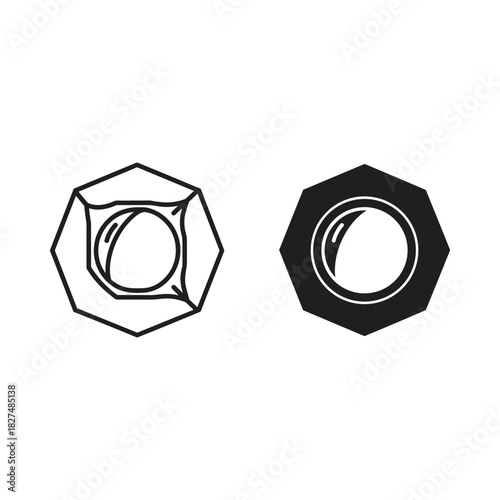 Two hexagonal nuts one outlined and one solid black with a circular opening