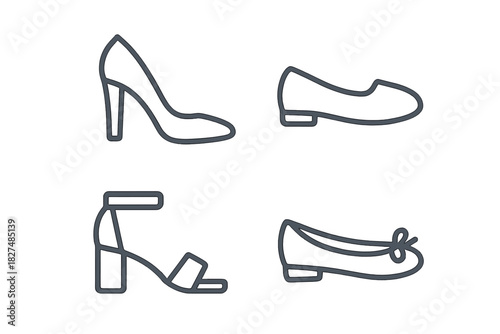 Set of outline icons showing various women's shoes including high heels, sandals, and ballet flats