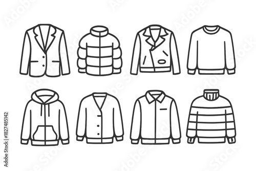 Various outerwear and knitwear garments including jackets, sweaters, cardigans, and a hoodie