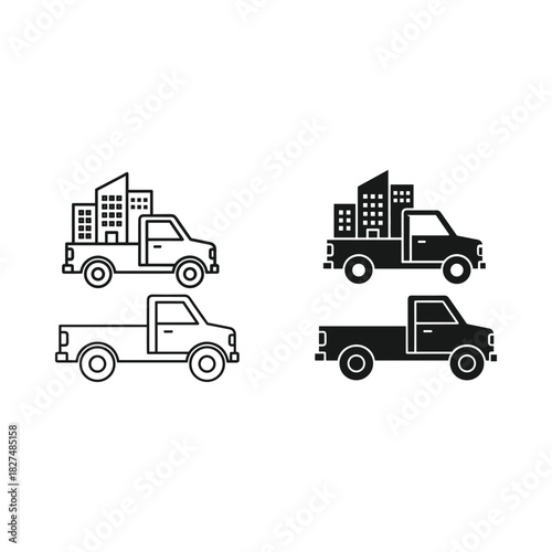Two pairs of pickup trucks one carrying buildings and one empty