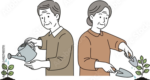 Elderly couple gardening, with a man watering a plant and a woman planting with a trowel, isolated on white background.