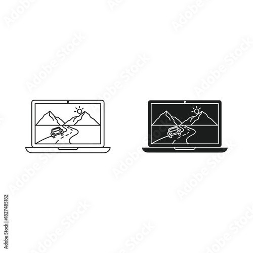 Two laptops showing different visual styles of mountain landscape scenes