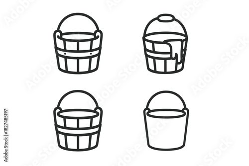 Collection of four line icons showing different types of buckets and pails for cleaning or storage