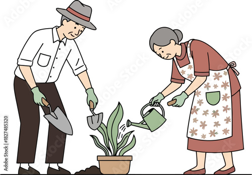 Elderly couple gardening, man with shovel and trowel, woman watering plant, isolated on white background.
