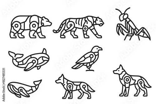 Stylized robotic animal icons set featuring bear tiger whale eagle and wolf