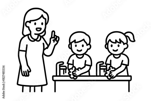 Adult teaching children proper hand washing technique for hygiene education