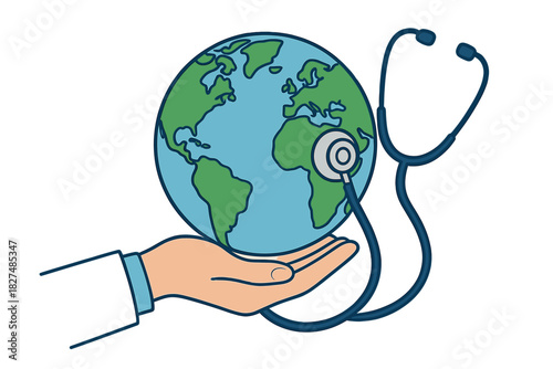 Hand holding Earth globe with stethoscope checking the planet's health and vital signs