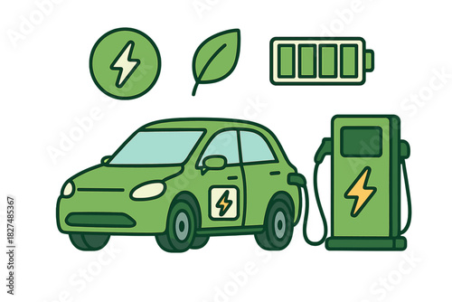 Green electric vehicle charging at a station with battery and energy icons