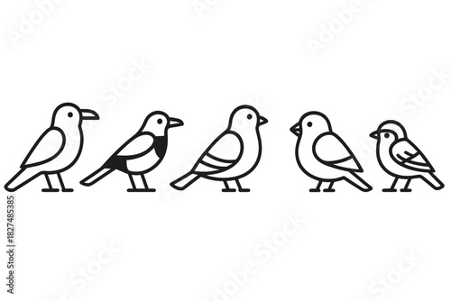 Minimalist black outline design featuring five small songbirds standing in a row