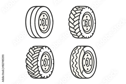 Collection of four different vehicle tires with various tread patterns and rims
