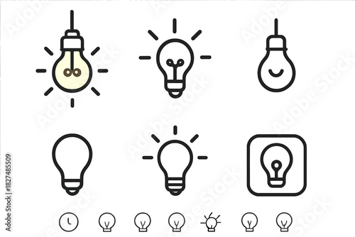 Set of line art light bulb icons symbolizing innovation, electricity, and creative ideas