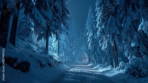 Majestic winter forest pathway glowing with magical light under a clear blue sky at twilight