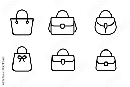 Collection of six distinct outline icons representing various women's fashion handbags and purses accessories
