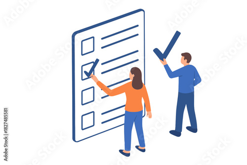 Business people completing tasks on a large isometric checklist form with checkmarks
