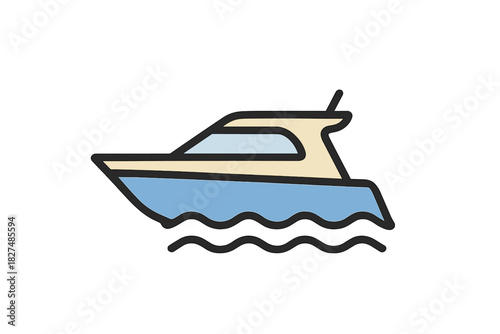 Stylized icon of a small motorboat or yacht cruising on the ocean waves