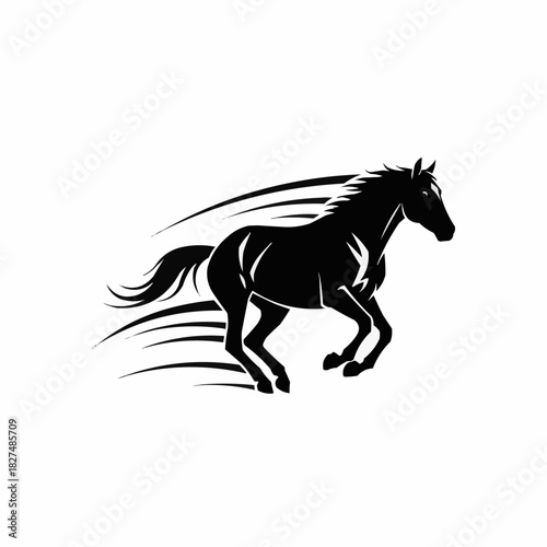 Dynamic black silhouette of a fast running horse with speed lines.