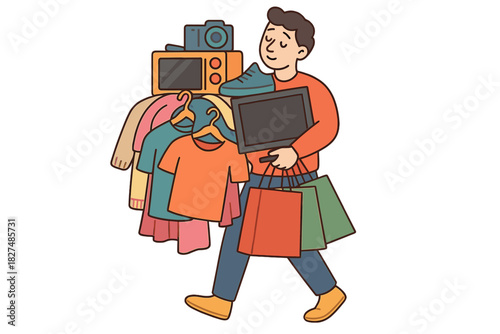 Overloaded man walking and struggling to carry huge pile of shopping bags and purchases