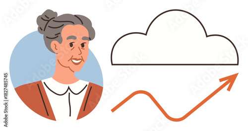 Elderly woman beside a cloud and rising graph arrow. Ideal for technology adoption, senior innovation, digital transformation, growth, modernity, future adaptation, simple flat metaphor