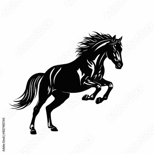 Majestic black horse in midair showcasing power and elegance in silhouette.