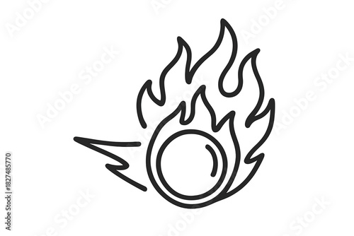 Simple black outline icon of a flaming meteor or comet moving rapidly through space