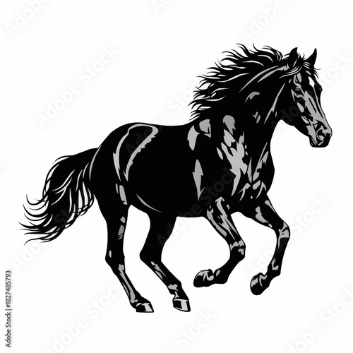 Majestic Black Horse Galloping with Flowing Mane and Tail.