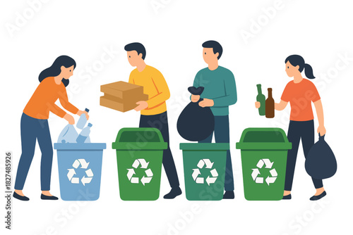 People sorting waste materials into separate recycling bins for environmental protection