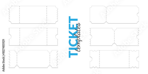 A set of blank ticket templates with various shapes, angles, and perforation lines. Clean layouts for creating coupons, vouchers, invitations, and printables. Vector design.