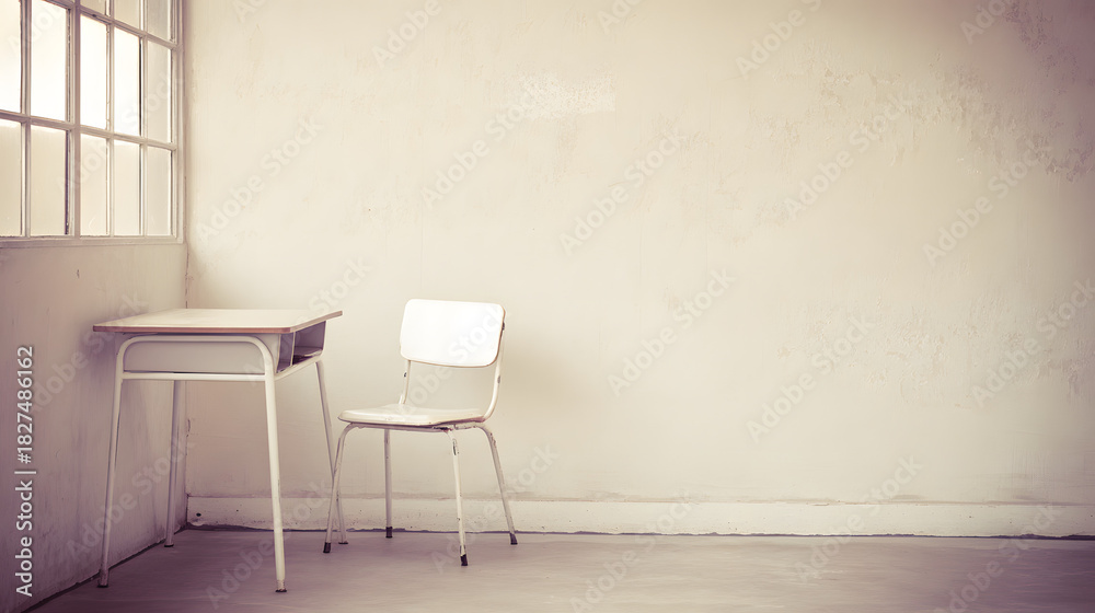 Fototapeta premium melancholy. Single desk in corner of empty classroom with soft natural light. wellbeing guides, coaching materials, designed for mental health education and mindfulness programs.