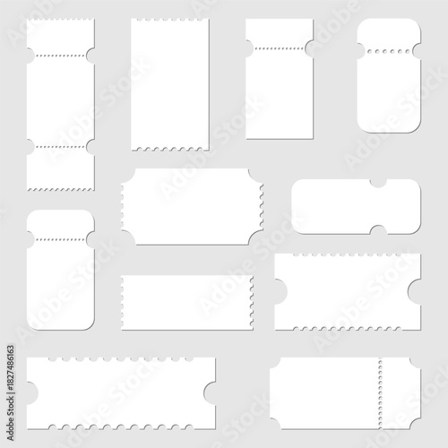 A vector collection of various blank tickets with perforations, rounded corners, and varying proportions. Suitable for coupons, vouchers, admission passes, and mockups.