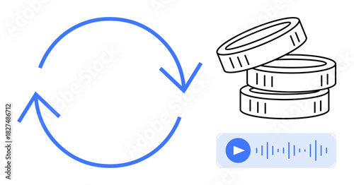 Circular arrow emphasizing continuous process, stacked coins representing money, and audio wave overlay with play button for auditory transaction. Ideal for finance, technology, digital payment